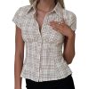 516NVg7sESL.jpg Women Y2K Cap Sleeve Button Down Shirt Slim Fit Crop Coquette Shirt V Neck 90s Vintage Preppy Blouse Top