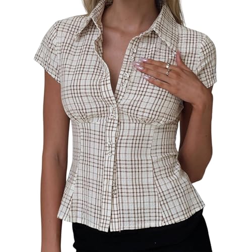 516NVg7sESL.jpg Women Y2K Cap Sleeve Button Down Shirt Slim Fit Crop Coquette Shirt V Neck 90s Vintage Preppy Blouse Top