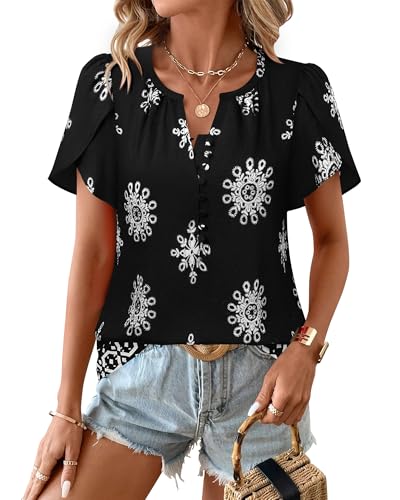 516keXcUB7L.jpg Womens Summer Tops Boho Short Sleeve Business Casual Blouses Button Down Floral Shirts Fashion Beach Vacation Clothes