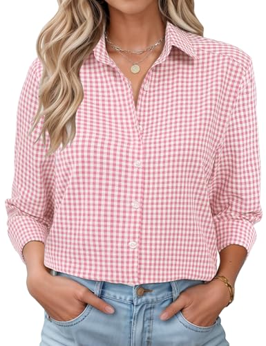Womens Long Sleeve Button Down Shirts Casual Loose Fit Cotton Collared Blouses