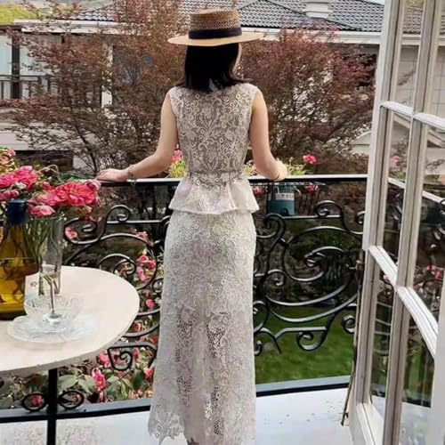 517ba5m5mgL.jpg Women's Elegant Solid Color Embroidery Lace 2 Pieces Sets O Neck Sleeveless Tank Top and A Line High Waist Skirt Suits