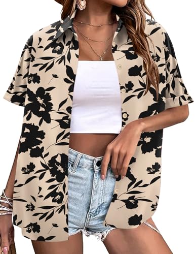 519hLDpYhEL.jpg Women's Summer Hawaiian Shirts Floral Short Sleeve Button Down Shirts Hawaii Tropical Beach Tops Outfits