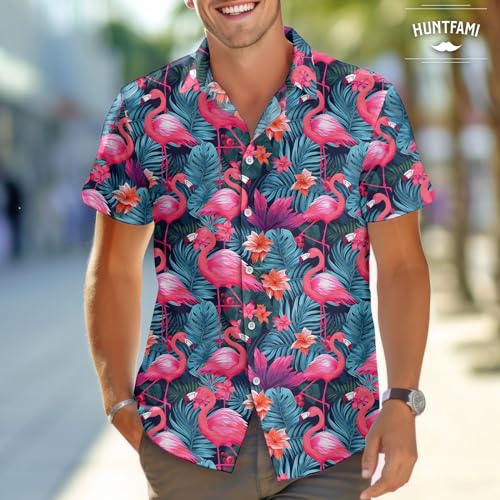 519tnPsbG9L.jpg Men's Hawaiian Beach Shirt with Flamingo Shirt Men Print - Short Sleeve Linen Button Down