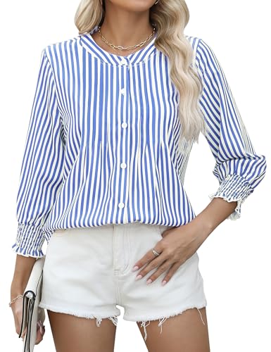 51Brq7t8LJL.jpg Womens 3/4 Sleeves Button Down Shirts Pleated Chiffon Blouses Business Casual Tops Work Office Tshirt
