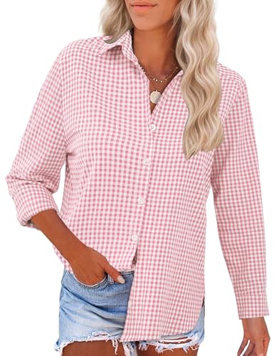 Womens Long Sleeve Button Down Shirts Casual Loose Fit Cotton Collared Blouses