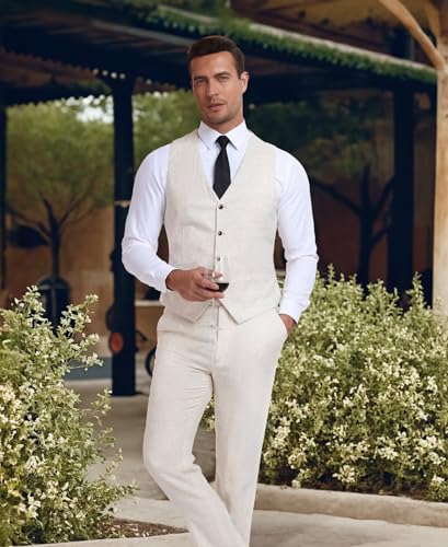 51Cb9Ujw2pL.jpg Casual Linen Beige Men's 2 Piece Suits Wedding Suits Slim Fit Groomsmen Tuxedos Prom Waistcoat Summer Linen Vest+Pant
