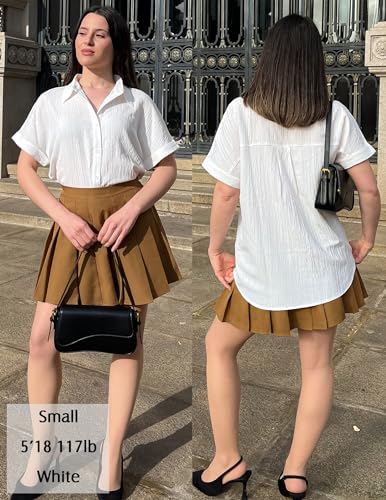 51DKOhMEFML.jpg Womens Button Down Shirts Casual Short Sleeve Dress Shirt Textured Collared Summer Work Blouse