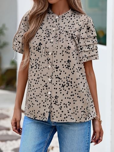 51Dm7KR71L.jpg Womens Tops Summer Boho Floral Short Sleeve Button Down Shirts Crewneck Loose Vacation Dressy Casual Work Blouses