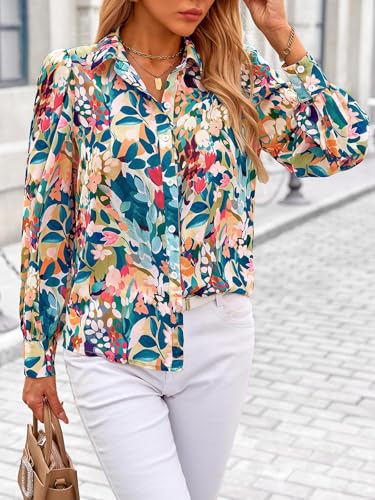 51ErFjJRAuL.jpg Women's Floral Blouses Dressy Casual V Neck Button Down Shirts Lantern Long Sleeve Boho Chiffon Fall Tops 2025