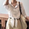 51Fq6MBypOL.jpg Womens Button Down V Neck Shirts 3/4 Sleeve Tie Front Loose Office Business Shirt Blouse Summer Casual Tops