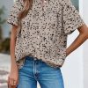 51GZdgX2XL.jpg Womens Tops Summer Boho Floral Short Sleeve Button Down Shirts Crewneck Loose Vacation Dressy Casual Work Blouses