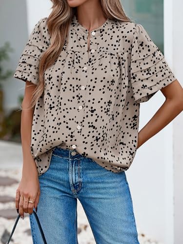 51GZdgX2XL.jpg Womens Tops Summer Boho Floral Short Sleeve Button Down Shirts Crewneck Loose Vacation Dressy Casual Work Blouses