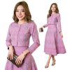 51J5JKFQusL.jpg Women's Two-Piece Jacquard Dress Set, Pink Floral Pattern, Long Sleeve Cropped Jacket with Brooch, Midi A-Line Skirt