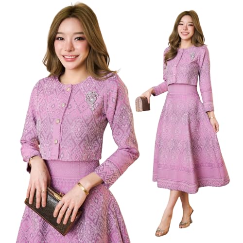 51J5JKFQusL.jpg Women's Two-Piece Jacquard Dress Set, Pink Floral Pattern, Long Sleeve Cropped Jacket with Brooch, Midi A-Line Skirt