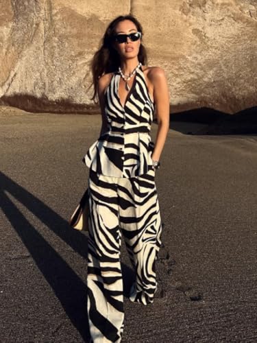 Pants Sets 2 Piece Outfits for Women Zebra Print Halter Vest Top and Wide Leg Pants Dailywear Summer Vacation Sets