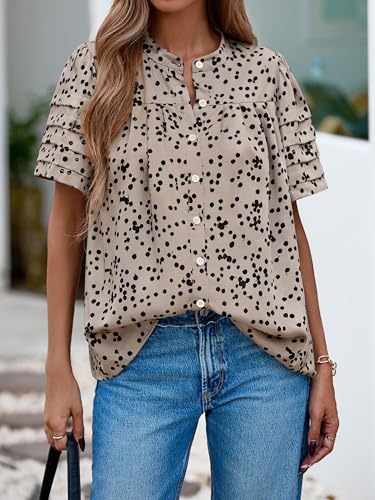 51LXkf1DXPL.jpg Womens Tops Summer Boho Floral Short Sleeve Button Down Shirts Crewneck Loose Vacation Dressy Casual Work Blouses