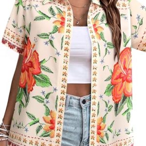 51MqvY3JbNL.jpg ???? Womens Hawaiian Shirt Luau Party Tropical Vacation Button Down Shirts Short Sleeve Beach Hawaii Floral Print Top