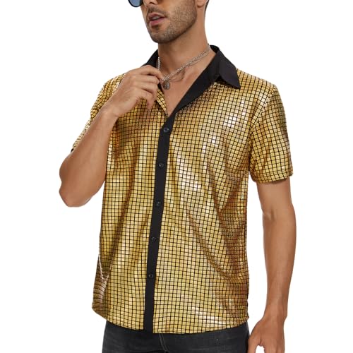 51Mw1OOyjL.jpg Mens 70S Disco Outfits Sequin Shirt Short Sleeve Button Down Shirts Party Novelty Shirts Nightclub Christmas Prom Costume