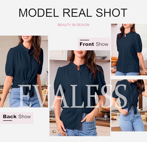 51O2074B8yL.jpg Womens Button Down Shirts Cute Short Puff Sleeve V Neck Tops Spring Summer Blouses for Women Dressy Casual