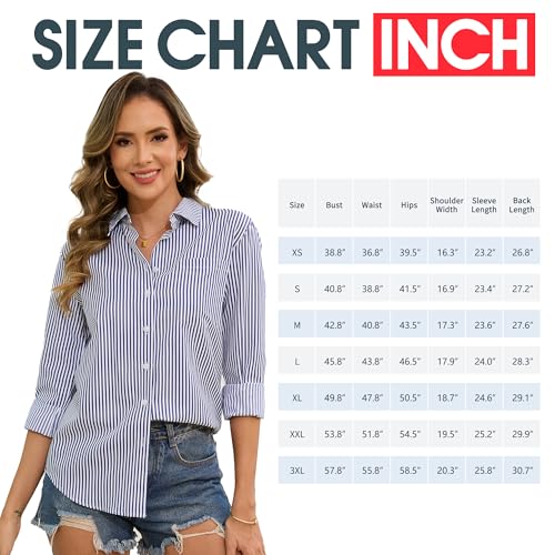 51OdKd8XwyL.jpg Grade 4 Wrinkle-Resistant Women's Button Down Shirts Striped Long Sleeve Collared Blouses Tops with Pocket