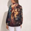 51PDt3HwkrL.jpg Wild Animals Lion Flowers Women's Button Down Shirts V Neck Long Sleeve Blouses Loose T-Shirt Tops