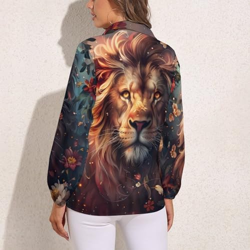 51PDt3HwkrL.jpg Wild Animals Lion Flowers Women's Button Down Shirts V Neck Long Sleeve Blouses Loose T-Shirt Tops