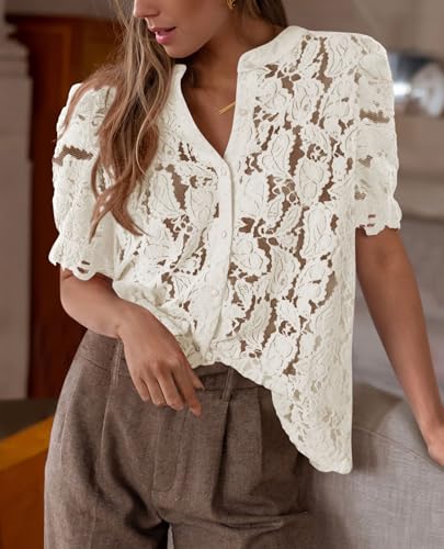 51PnN4OPJrL.jpg Womens 2025 Spring Lace Tops Short Puff Sleeve Casual Dressy Blouses Eyelet Crew Neck Button Down Shirts