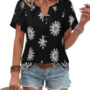51QmPQFcJL.jpg Womens Summer Tops Boho Short Sleeve Business Casual Blouses Button Down Floral Shirts Fashion Beach Vacation Clothes
