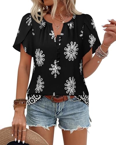 51QmPQFcJL.jpg Womens Summer Tops Boho Short Sleeve Business Casual Blouses Button Down Floral Shirts Fashion Beach Vacation Clothes
