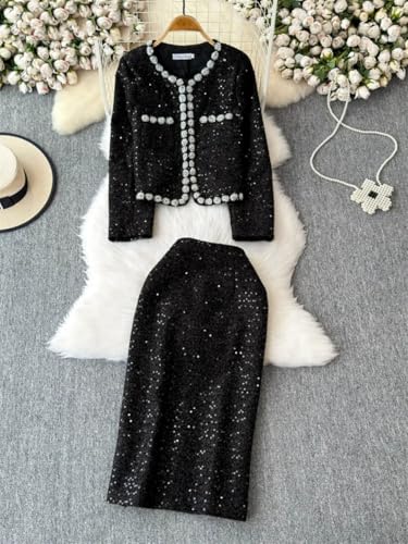 51T-fKXwmvL.jpg Women's French Skirt Set Heavy Industry Beaded Sequined Temperament Coat Skirt Two-Piece Set