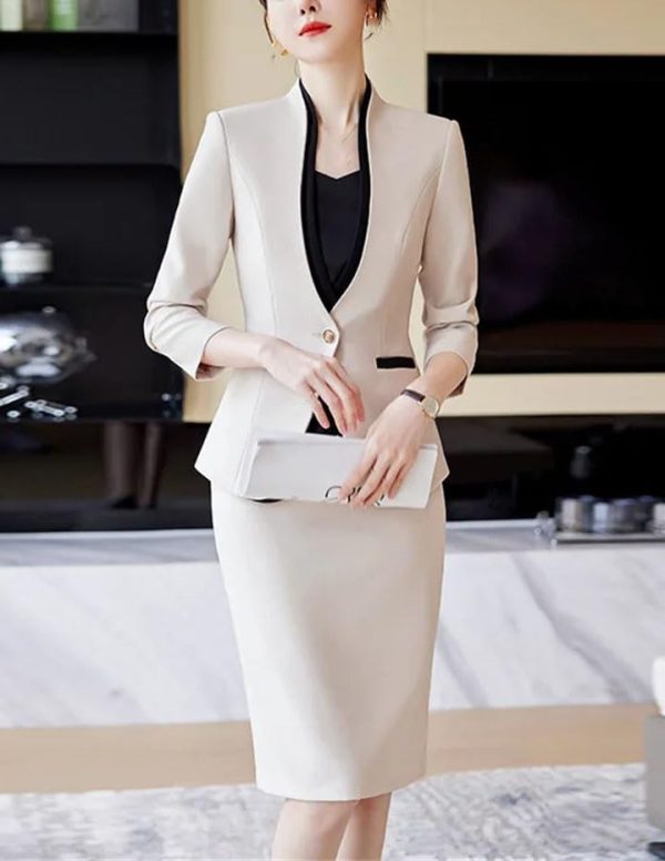 51TFobBLIL.jpg Women Business Suits V-Neck Single Button Slim Fit Formal Blazer Midi Wrap Hip Pencil Skirt 2 Piece Sets