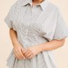 51WRgfifD1L.jpg Women??s Striped Button Down Shirt Summer Pleated Short Sleeve Tops Collared Peplum Blouse Business Casual Outfits