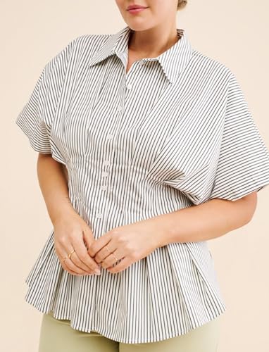 51WRgfifD1L.jpg Women??s Striped Button Down Shirt Summer Pleated Short Sleeve Tops Collared Peplum Blouse Business Casual Outfits