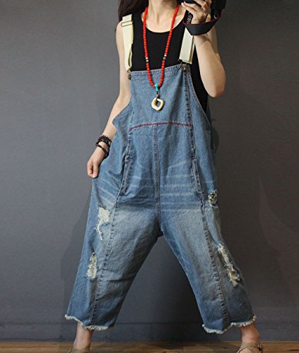 51WZXM-uYWL.jpg Women Casual Loose Cropped Denim Jumpsuits Rompers Jeans Overalls Distressed Ripped Fringed/Pockets P49