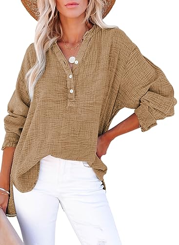 51Xc3-XNL.jpg Womens Casual Button V Neck Long Sleeve Shirts Oversized Solid Blouses Tops