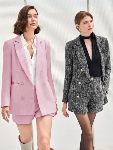 51YUSCv4iL.jpg Womens 2 Piece Tweed Blazer Shorts Sets Long Sleeve Double Breasted Suit Jackets Business Outfit