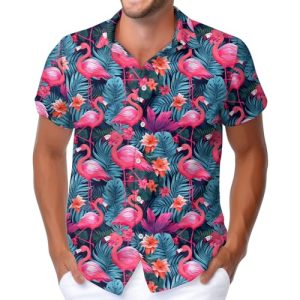 51ao8ueTgL.jpg Men's Hawaiian Beach Shirt with Flamingo Shirt Men Print - Short Sleeve Linen Button Down