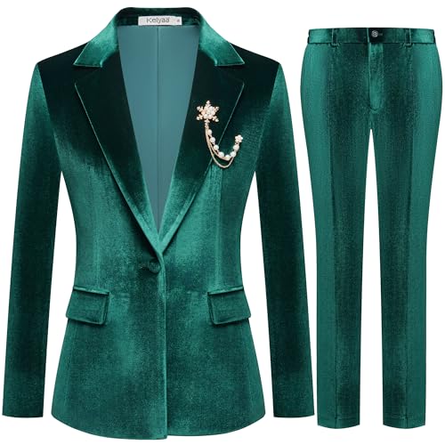 51b6rLu9u1L.jpg Women's 2 Piece Velvet Suit Notch Lapel One Button Slim Fit Business Party Wedding Tuxedo Blazer Pants Set