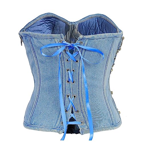 51buNqK6OIL.jpg Women's Denim Rhinestone Corset Top Sexy Club Party Jean Bodysuit
