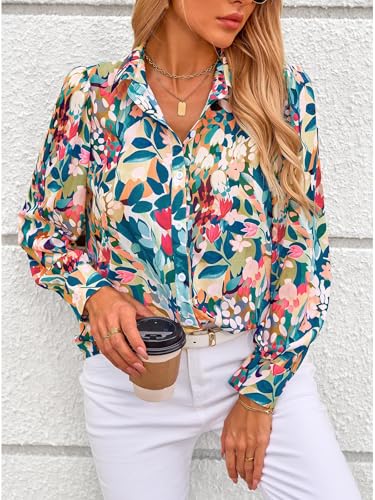 51c4MqvUm6L.jpg Women's Floral Blouses Dressy Casual V Neck Button Down Shirts Lantern Long Sleeve Boho Chiffon Fall Tops 2025