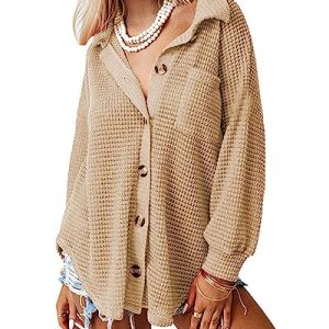 Womens Waffle Knit Shacket Jacket Casual Long Sleeve Button Down Shirts Dressy Blouses Tops