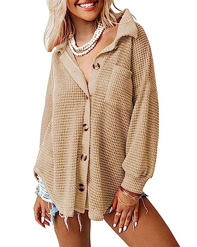51e2eR3235L.jpg Womens Waffle Knit Shacket Jacket Casual Long Sleeve Button Down Shirts Dressy Blouses Tops