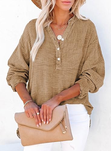 51fX4eoL8cL.jpg Womens Casual Button V Neck Long Sleeve Shirts Oversized Solid Blouses Tops