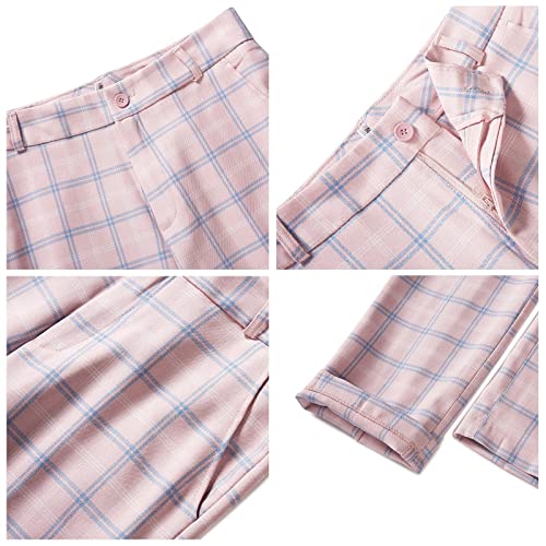 Womens 2 Piece Plaid Suits Set Business Office One Button Blazer Jacket Casual Long Sleeve Pant Suit Set