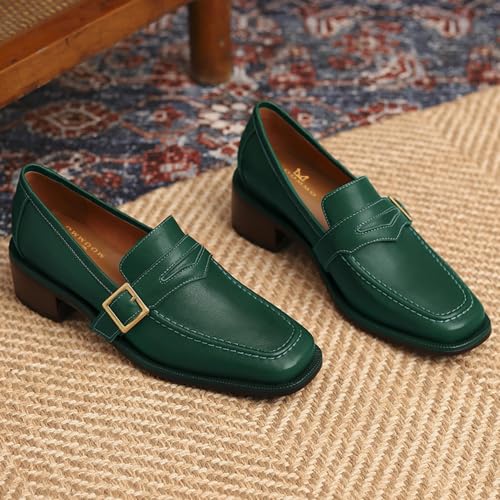51gPbST2e1L.jpg Women Classic Penny Loafers Closed Square Toe Patent Low Heel Loafers Slip On Metal Buckle 2" Chunky Heel Comfy Office Ladies