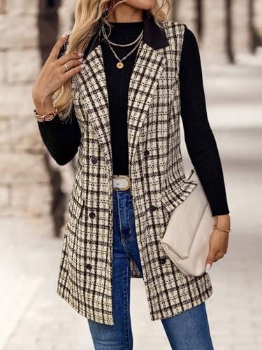 51gWWlV2BXL.jpg Womens Long Tweed Vest Fall Winter Sleeveless Blazer Jackets Trench Coat