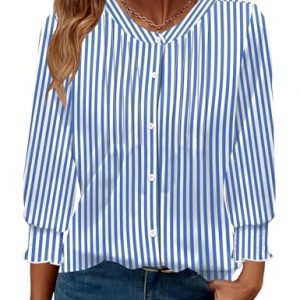 51iRinSjIdL.jpg Womens 3/4 Sleeves Button Down Shirts Pleated Chiffon Blouses Business Casual Tops Work Office Tshirt