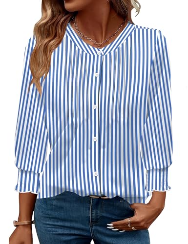 51iRinSjIdL.jpg Womens 3/4 Sleeves Button Down Shirts Pleated Chiffon Blouses Business Casual Tops Work Office Tshirt