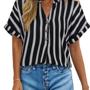 51klFda5sL.jpg Womens Shirts Dressy Casual Summer Batwing Sleeve Shirt Trendy V Neck Button Down Striped Tops and Blouses