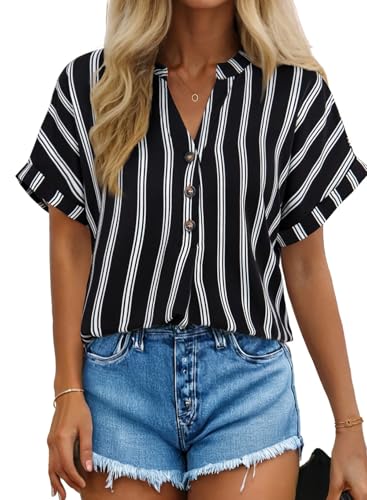 51klFda5sL.jpg Womens Shirts Dressy Casual Summer Batwing Sleeve Shirt Trendy V Neck Button Down Striped Tops and Blouses